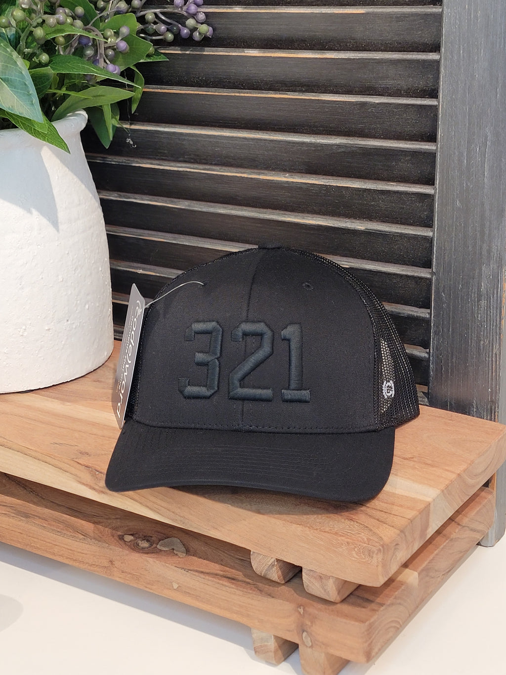 321 Black Trucker Hat - Black Stitching