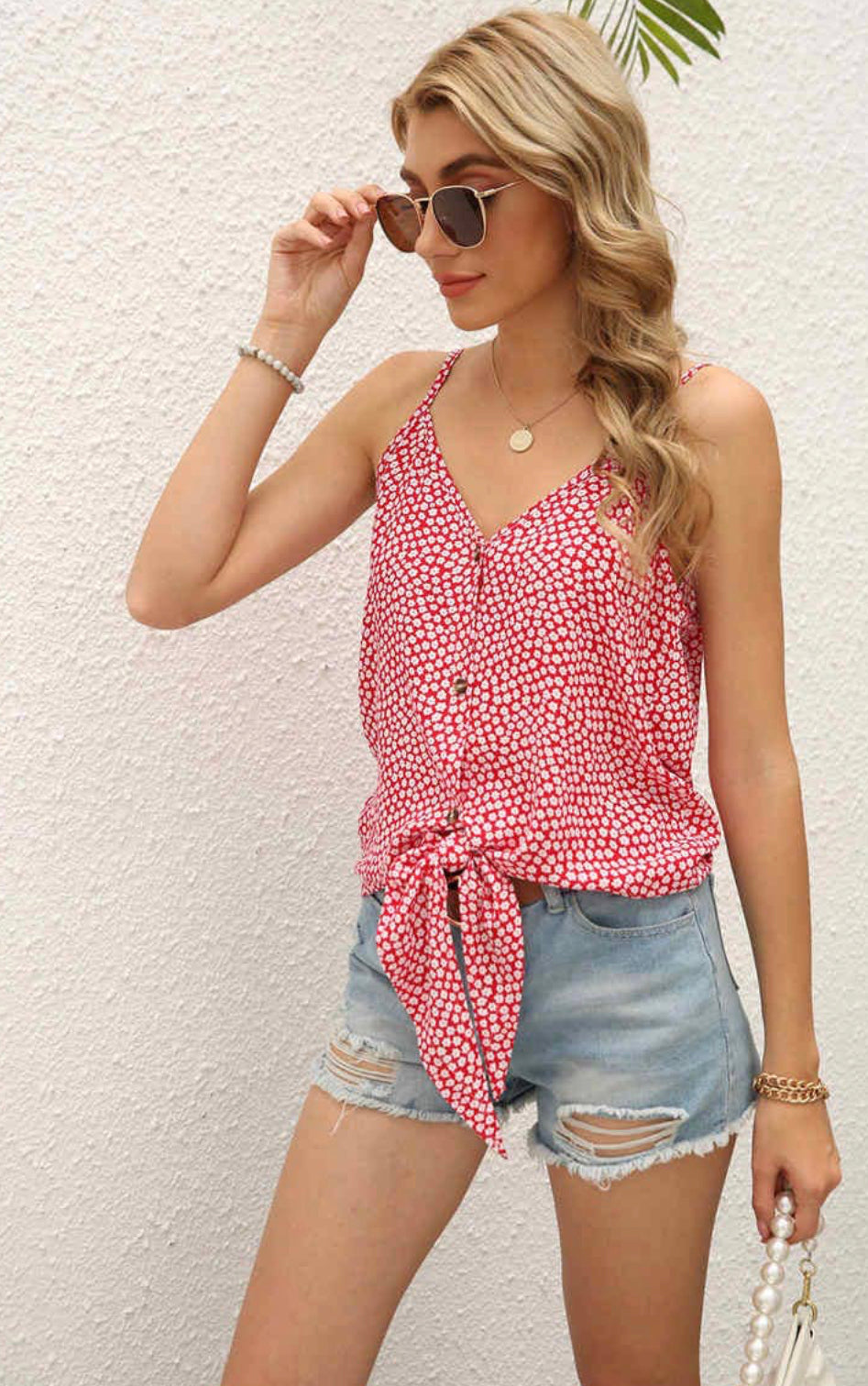 Red and White Floral Tank