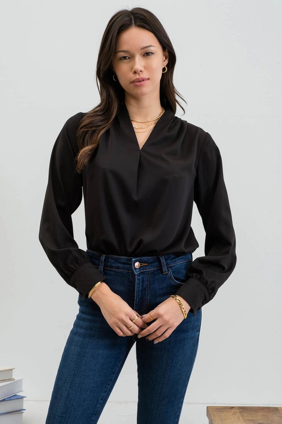 Black Pleated Collar Long Sleeve Top