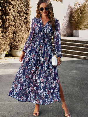 Floral Print Ruffle Trim Long Sleeve Dress