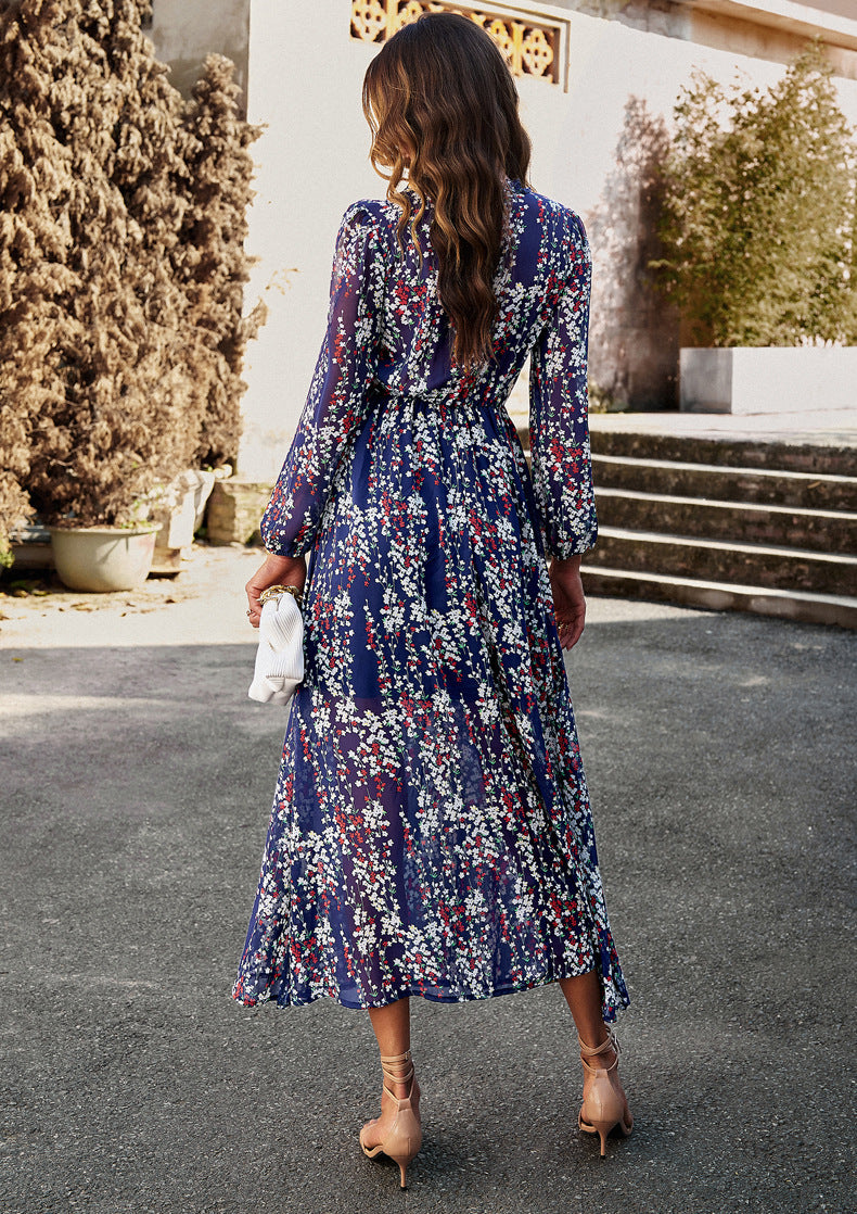 Floral Print Ruffle Trim Long Sleeve Dress