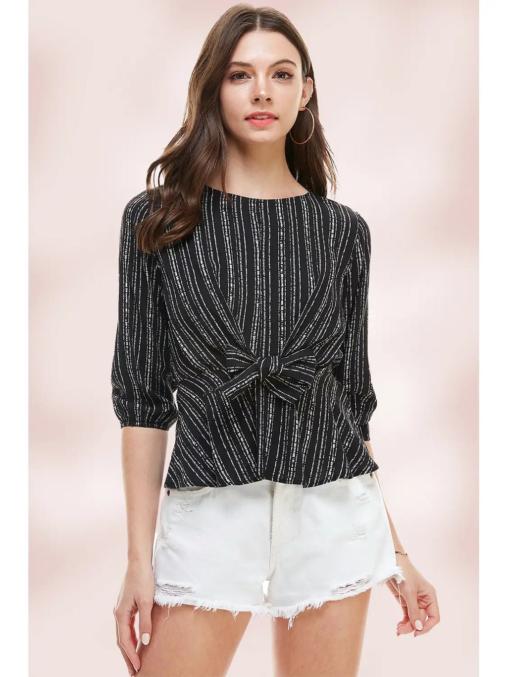 Stripe Tie Waist Sleeves Blouse