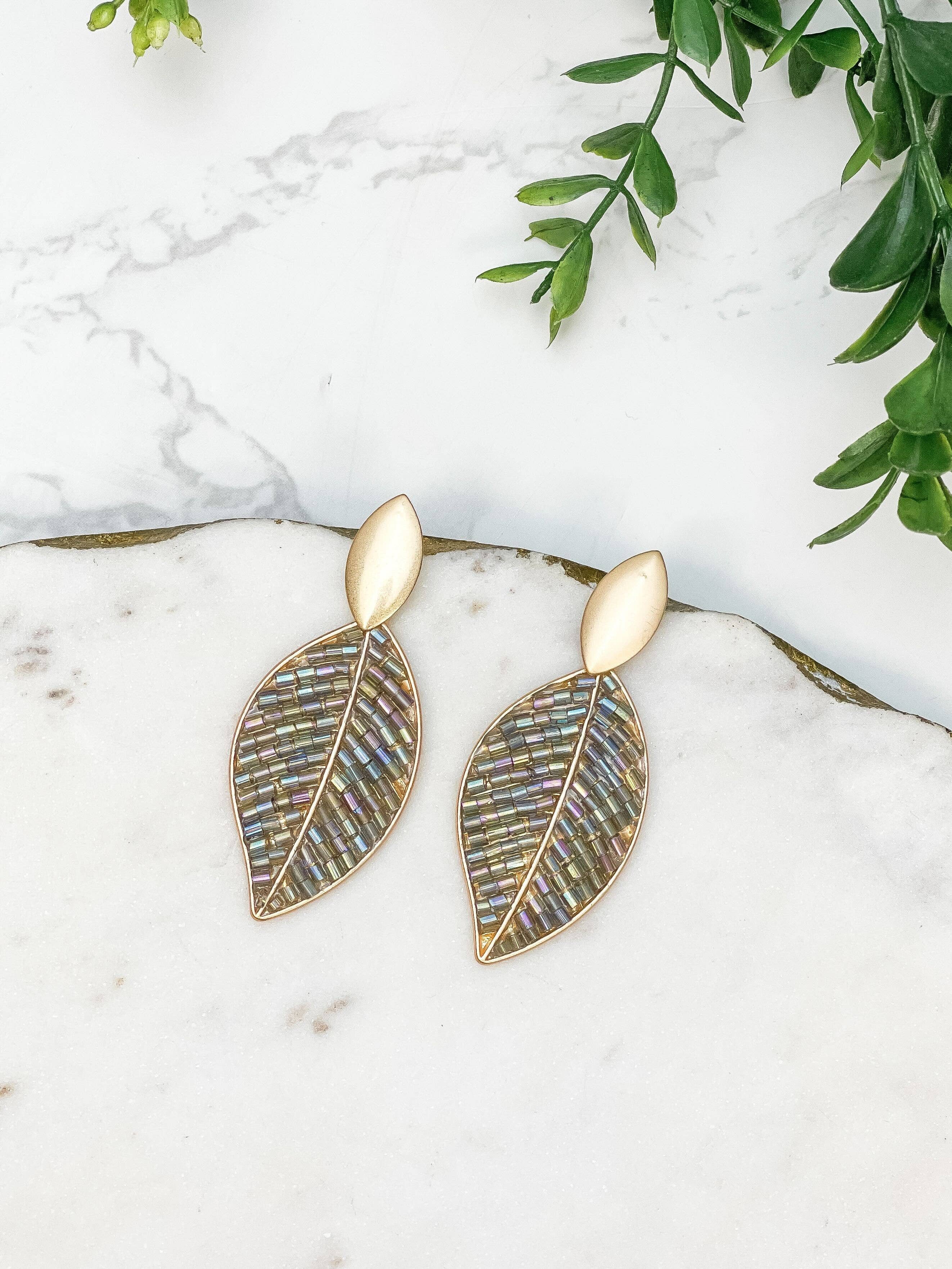 Beaded Gold Leaf Drop Earrings