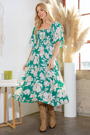 Green Smocked Floral Dress