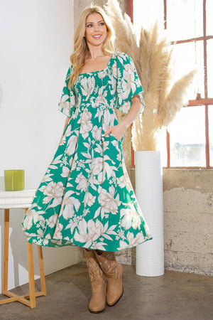 Green Smocked Floral Dress