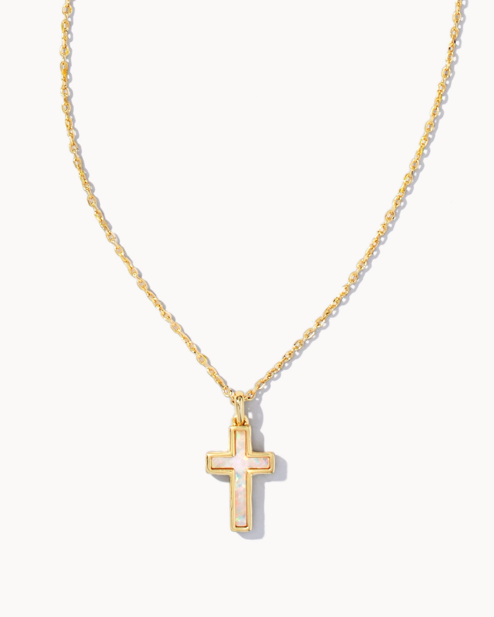 Cross Pendant Necklace Gold White Opal