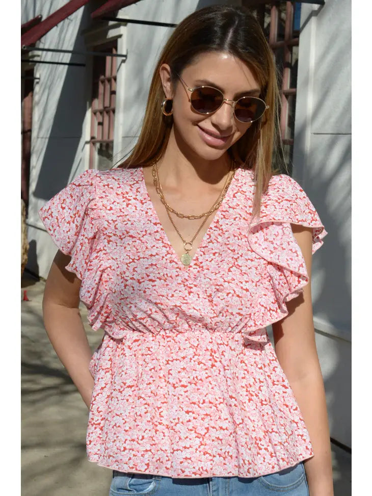 Red and Pink Floral Print Ruffle Woven Top