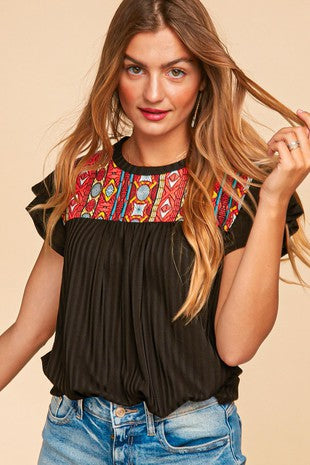 Bohemian Print Black Ruffle Sleeve Top