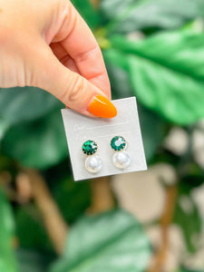 Green Rhinestone Pearl Stud Drop Earrings