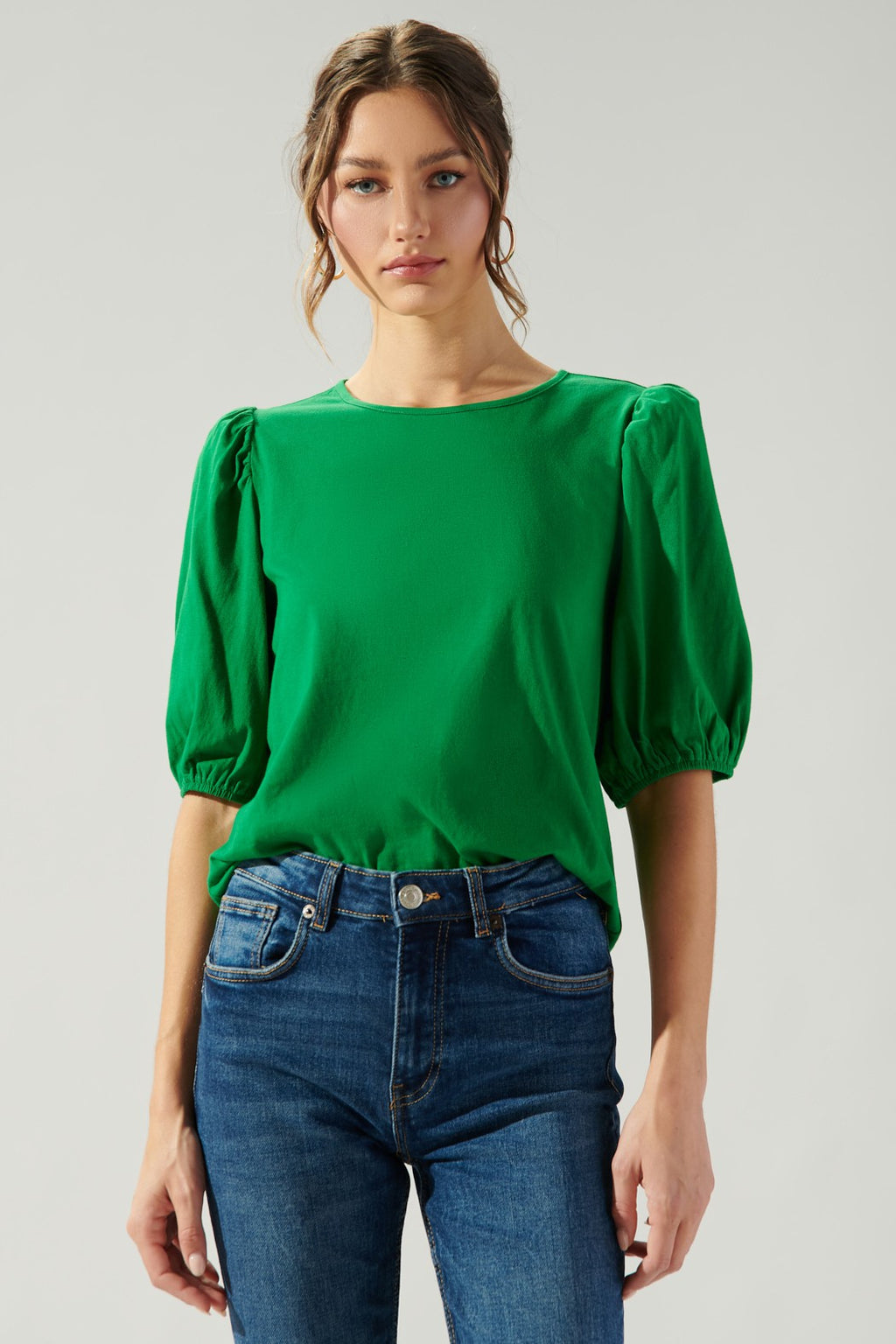 Green Puff Sleeve Knit Top