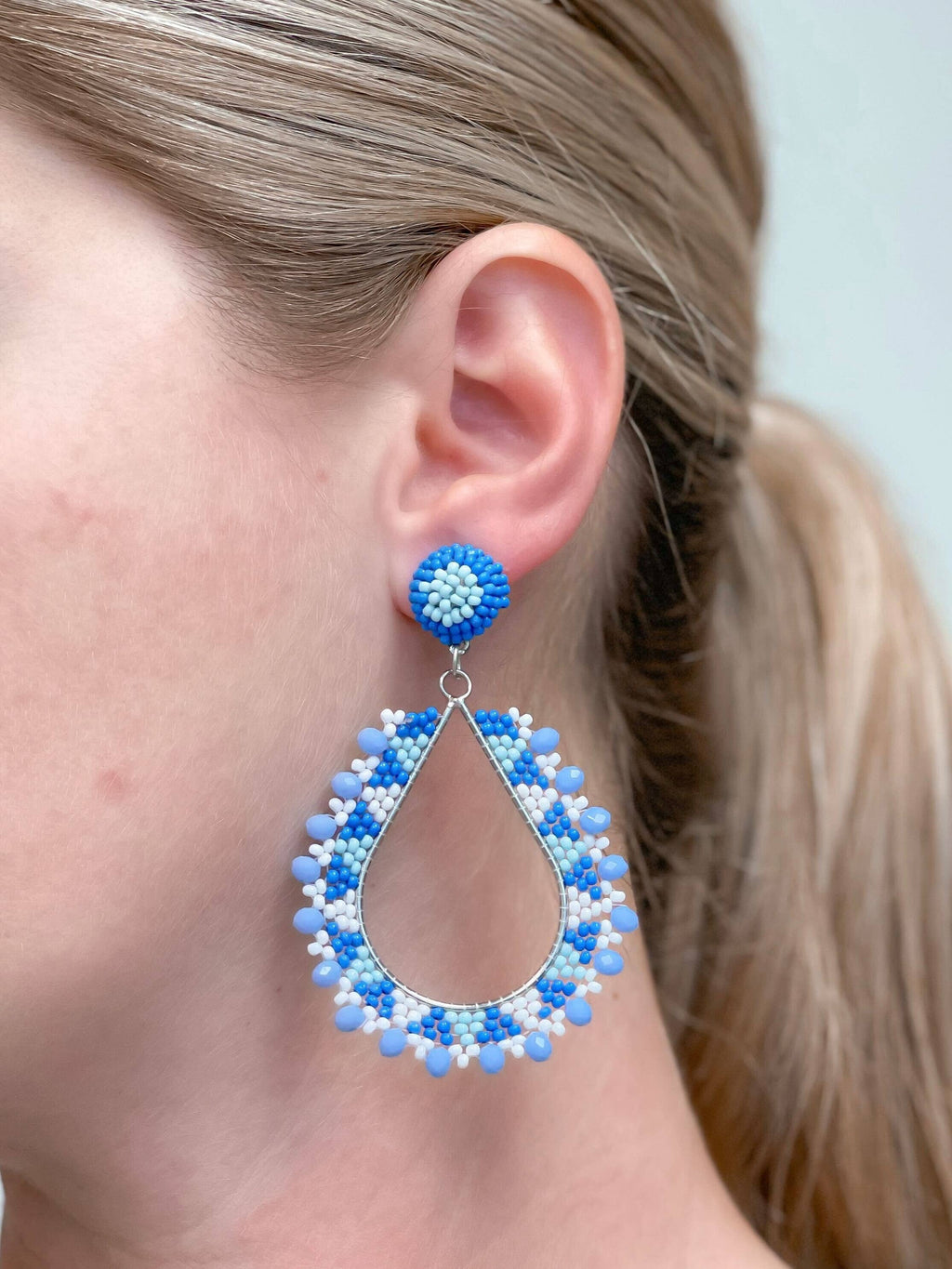 Geometric Blue Teardrop Beaded Dangle Earrings