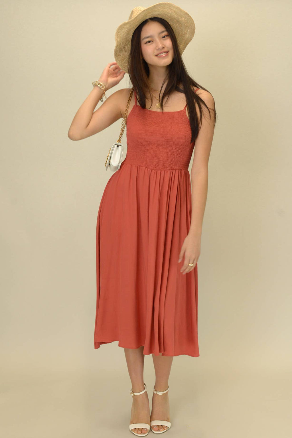 D2302MD84681- Square Neck Ruched Woven Strappy Dress