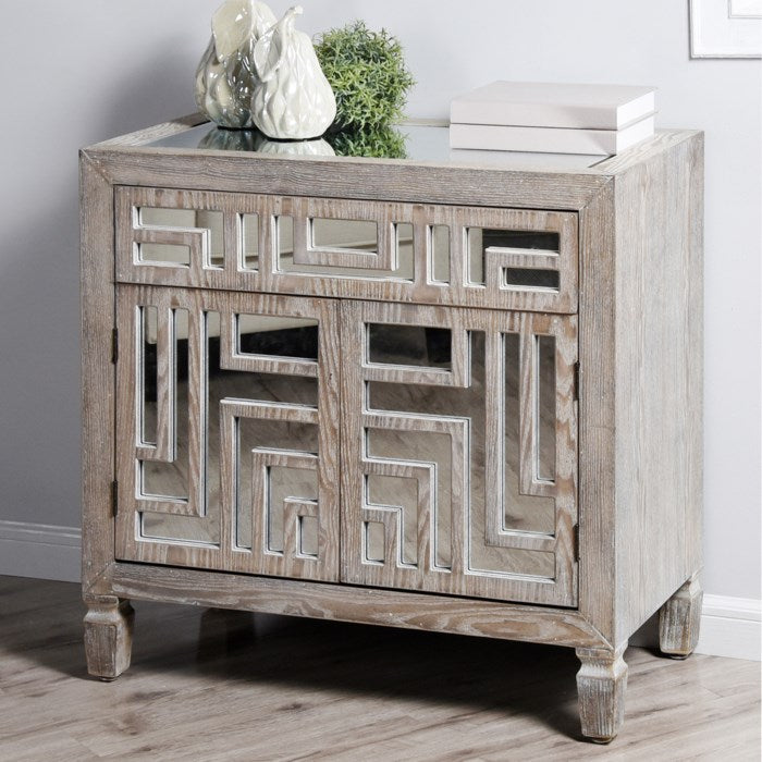 WASHED GRAY | Wooden Accent Cabinet with Mirrored Detail