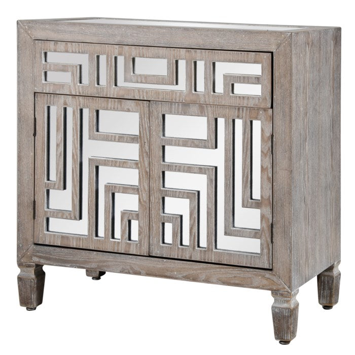 WASHED GRAY | Wooden Accent Cabinet with Mirrored Detail