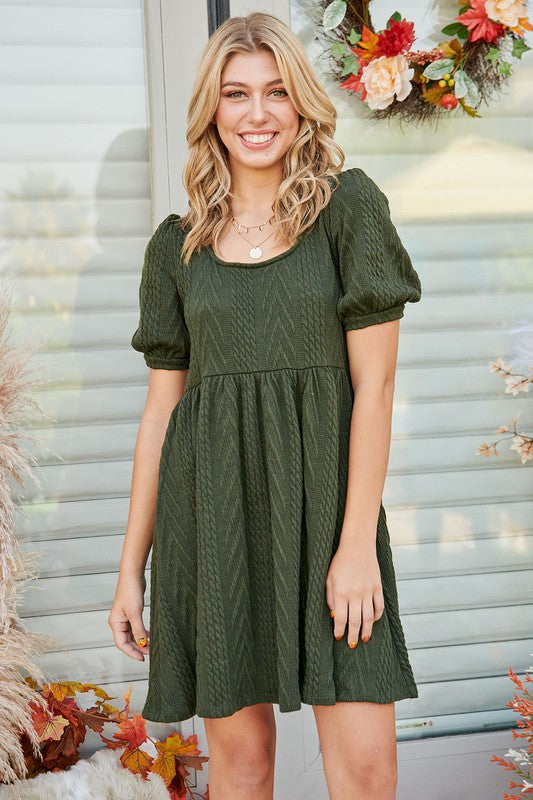 Cable Knit Jacquard Puff Sleeve Dress With Back Bow Detail