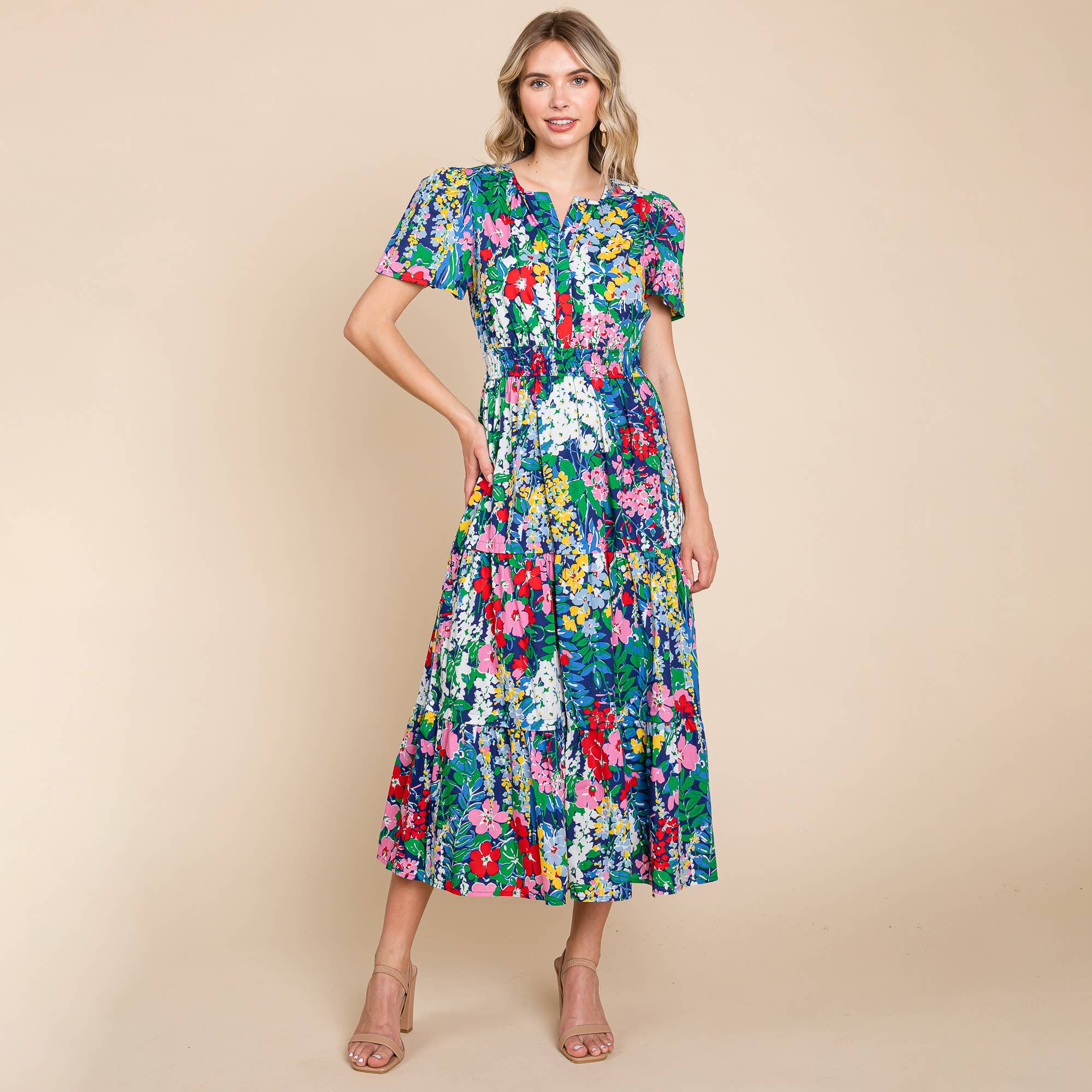 Tiered Floral Print Midi Dress