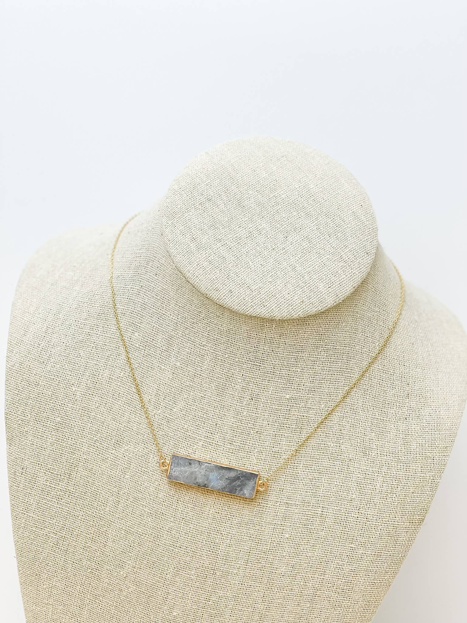 Semi Precious Stone Bar Pendant Necklaces-Gray Marble