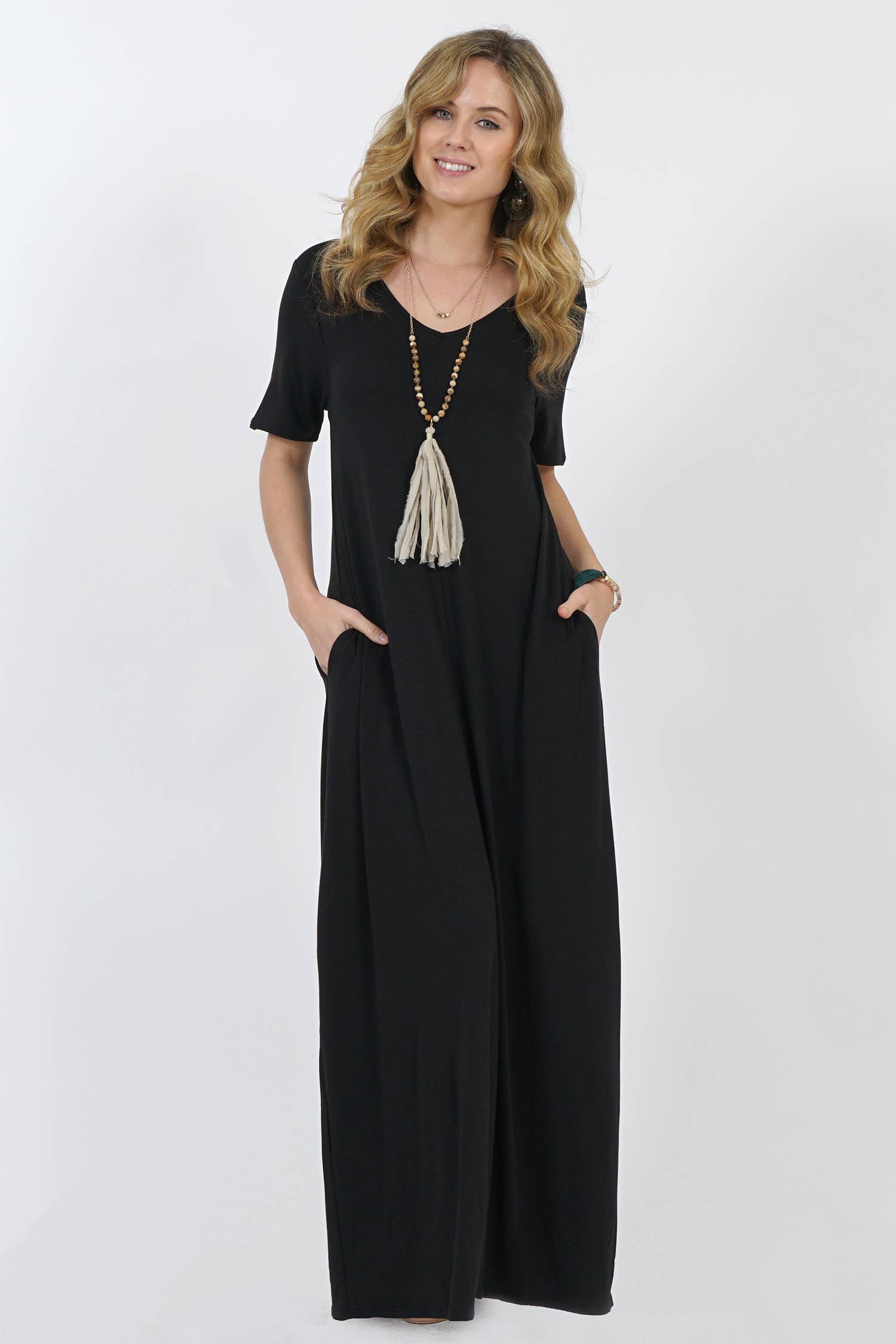 Black V-Neck Short Sleeve Maxi Dress