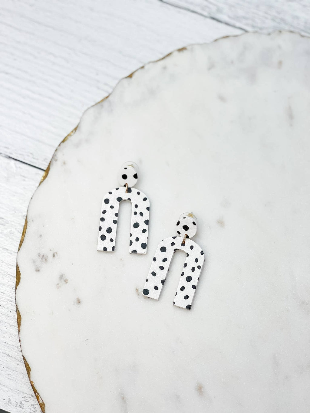 Wood Dalmatian Spotted Dangle Earrings