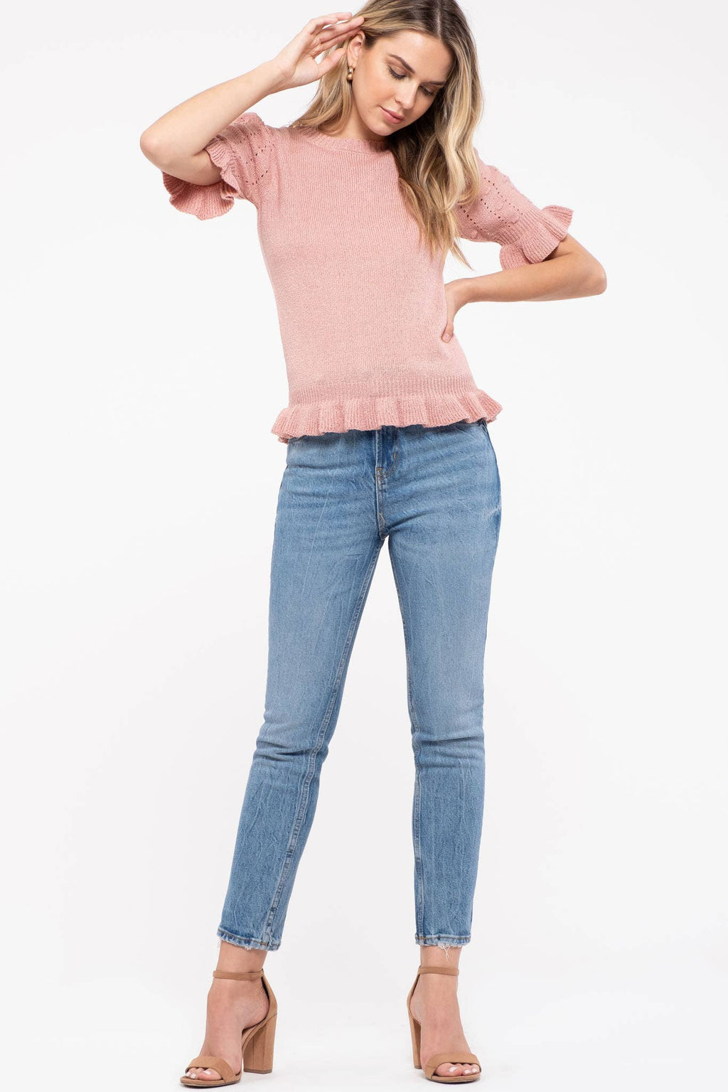 Maryanne Contrast Puff Sleeve Ruffle Sweater Top