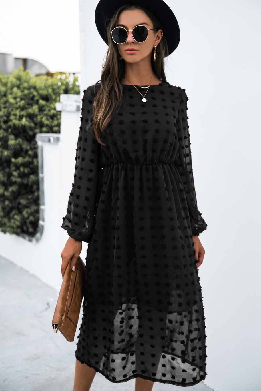 Swiss Dot Long Sleeves Woven Midi Dress