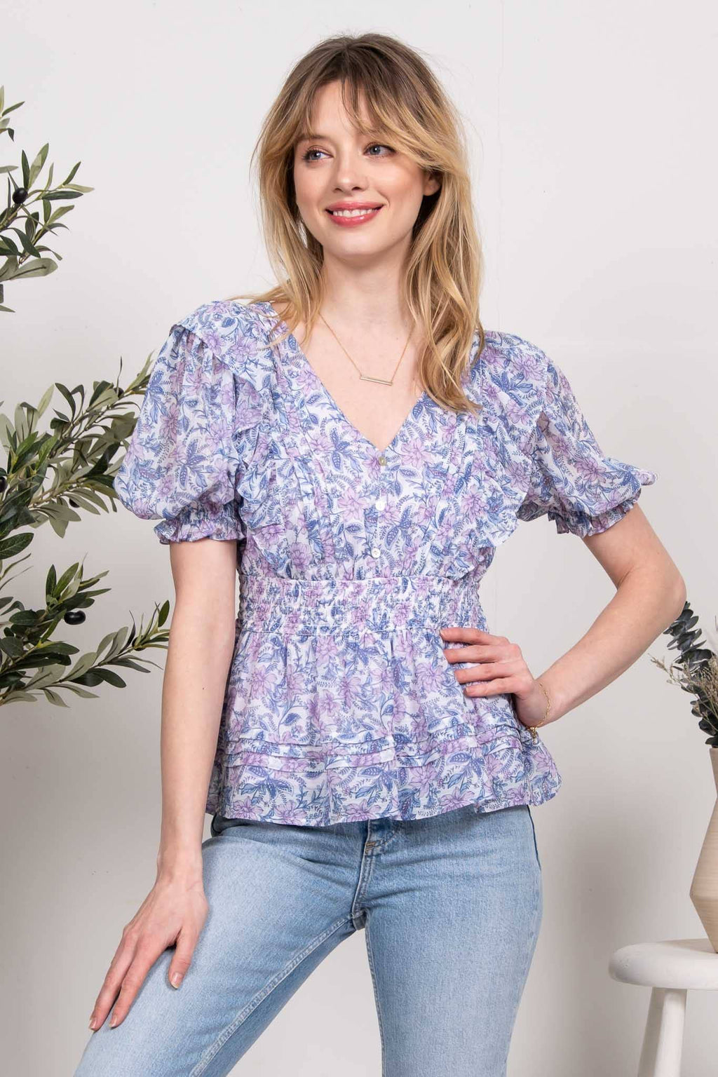 Purple and Blue Floral Woven Top