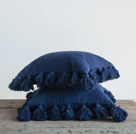 Navy Blue Square Cotton Pillow with Tassels