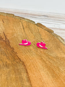 Pink Cowboy Hat Enamel Stud Earrings