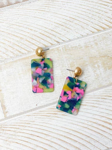 Hot Pink Multi Matte Acrylic Square Dangle Earrings