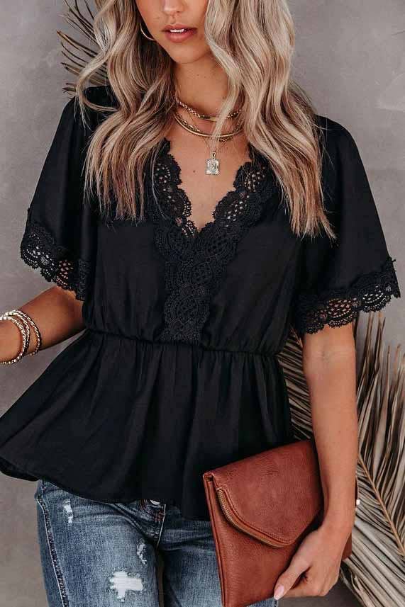 Lace V Neck Ruffled Blouse