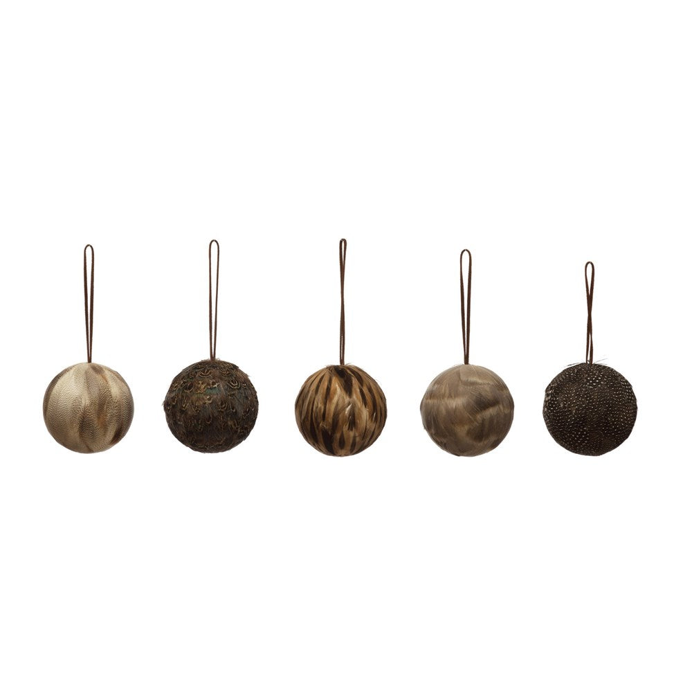 Set of 4 Round Feather Ball Ornament w/ Leather Hanger